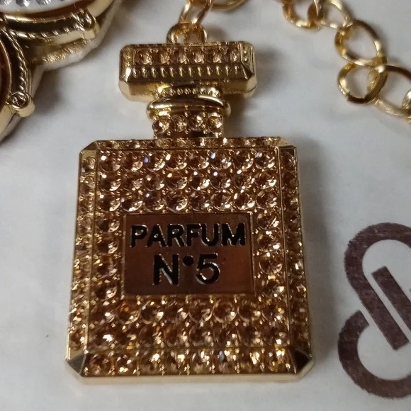 Leather Gold Rhinestone Perfume Bottle Butterfly Flower Bag Charm Handcrafted - Picture 4 of 11